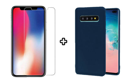 Set Husa Silicon plus Folie din sticla transparenta Case Friendly compatibila cu Samsung Galaxy S10, albastra, protectie 360
