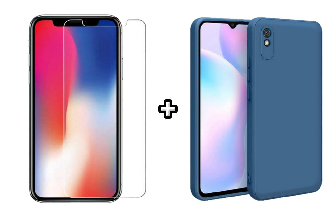 Set Husa Silicon plus Folie din sticla transparenta compatibila cu Xiaomi Redmi 9A, albastra, protectie 360