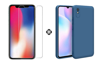 Set Husa Silicon plus Folie din sticla transparenta compatibila cu Xiaomi Redmi 9A, albastra, protectie 360