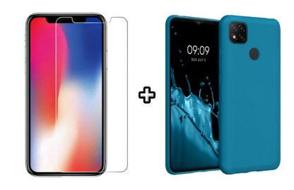 Set Husa Silicon plus Folie din sticla transparenta compatibila cu Xiaomi Redmi 9C, albastra, protectie 360