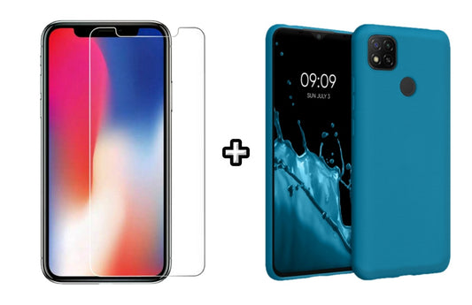 Set Husa Silicon plus Folie din sticla transparenta compatibila cu Xiaomi Redmi 9C, albastra, protectie 360