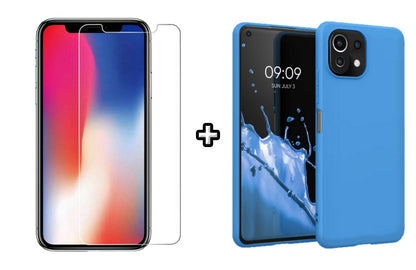 Set Husa Silicon plus Folie din sticla transparenta compatibila cu Xiaomi Mi 11 Lite, albastra, protectie 360
