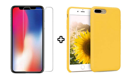Set Husa Silicon + Folie din sticla transparenta Case Friendly compatibila cu Apple iPhone 7 Plus, galbena, protectie 360