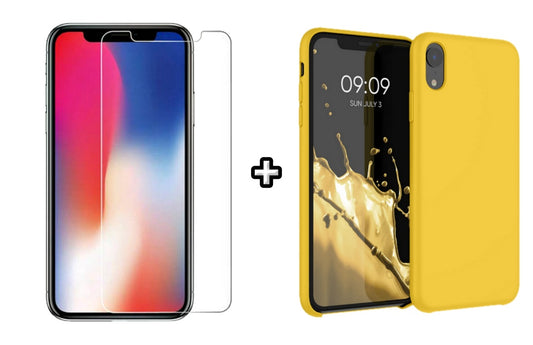 Set Husa Silicon + Folie din sticla transparenta Case Friendly compatibila cu Apple iPhone X, galbena, protectie 360