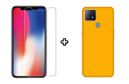 Set Husa Silicon plus Folie din sticla transparenta Case Friendly compatibila cu OPPO A15, galbena, protectie 360