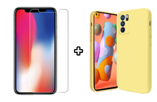 Set Husa Silicon plus Folie din sticla transparenta Case Friendly compatibila cu OPPO A16, galbena, protectie 360