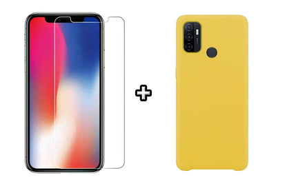 Set Husa Silicon plus Folie din sticla transparenta Case Friendly compatibila cu OPPO A53, galbena, protectie 360