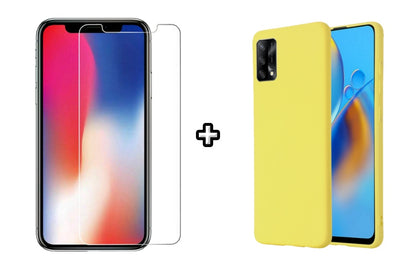 Set Husa Silicon plus Folie din sticla transparenta Case Friendly compatibila cu OPPO A74 4G, galbena, protectie 360