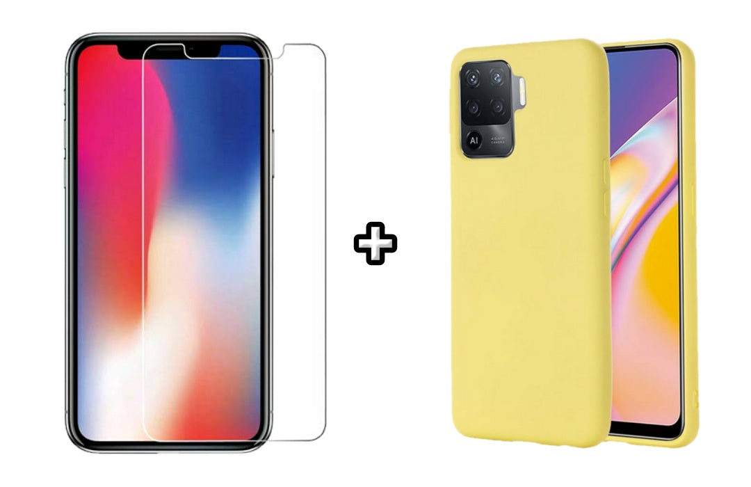 Set Husa Silicon plus Folie din sticla transparenta Case Friendly compatibila cu OPPO Reno5 Lite, galbena, protectie 360