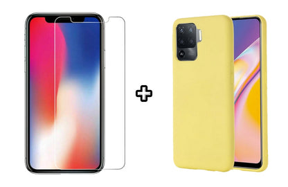 Set Husa Silicon plus Folie din sticla transparenta Case Friendly compatibila cu OPPO Reno5 Lite, galbena, protectie 360