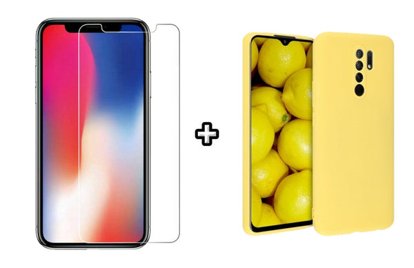 Set Husa Silicon plus Folie din sticla transparenta compatibila cu Xiaomi Redmi 9, galbena, protectie 360