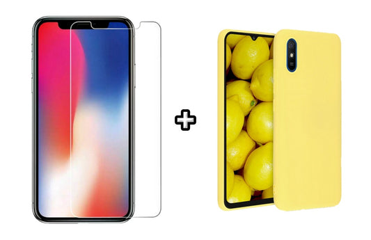 Set Husa Silicon plus Folie din sticla transparenta compatibila cu Xiaomi Redmi 9A, galbena, protectie 360