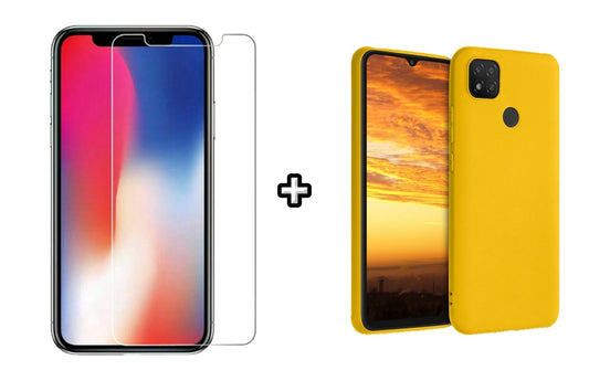 Set Husa Silicon plus Folie din sticla transparenta compatibila cu Xiaomi Redmi 9C, galbena, protectie 360