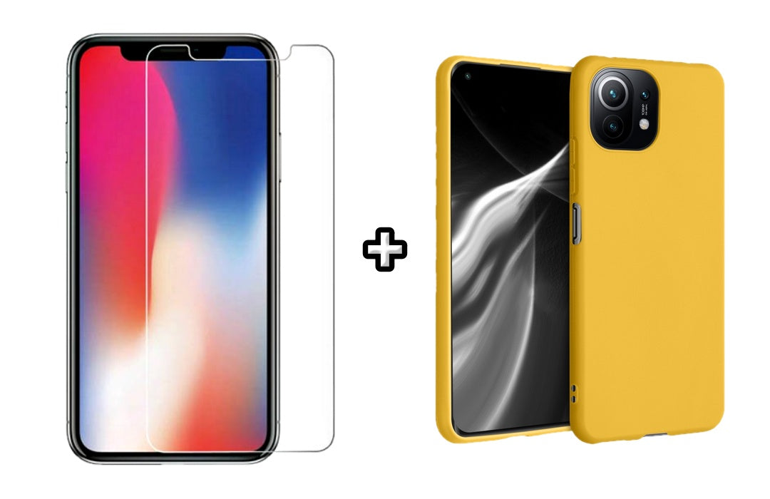 Set Husa Silicon plus Folie din sticla transparenta compatibila cu Xiaomi Mi 11 Lite, galbena, protectie 360