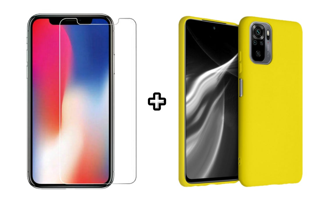 Set Husa Silicon plus Folie din sticla transparenta compatibila cu Xiaomi Redmi Note 10s, galbena, protectie 360