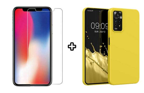 Set Husa Silicon plus Folie din sticla transparenta compatibila cu Xiaomi Redmi Note 11, galbena, protectie 360