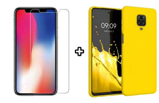 Set Husa Silicon plus Folie din sticla transparenta compatibila cu Xiaomi Redmi Note 9 Pro, galbena, protectie 360
