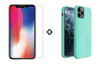 Set Husa Silicon + Folie din sticla transparenta Case Friendly compatibila cu Apple iPhone 11 Pro Max, menta, protectie 360