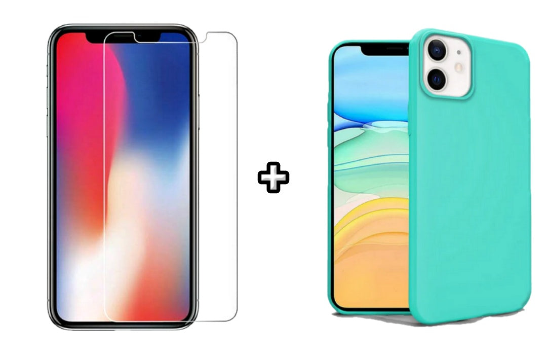 Set Husa Silicon + Folie din sticla transparenta Case Friendly compatibila cu Apple iPhone 11, menta, protectie 360