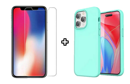 Set Husa Silicon + Folie din sticla transparenta Case Friendly compatibila cu Apple iPhone 14 Pro, menta, protectie 360