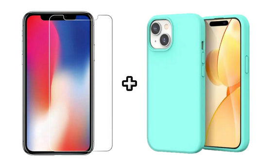 Set Husa Silicon + Folie din sticla transparenta Case Friendly compatibila cu Apple iPhone 14 Plus, menta, protectie 360