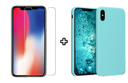 Set Husa Silicon + Folie din sticla transparenta Case Friendly compatibila cu Apple iPhone XS Max, menta, protectie 360