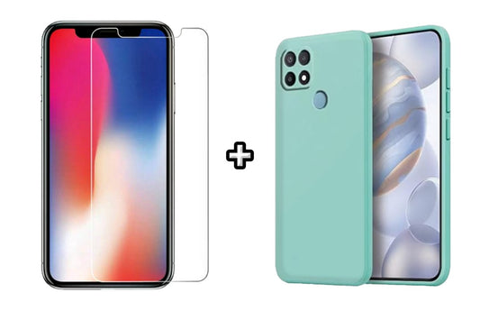 Set Husa Silicon plus Folie din sticla transparenta Case Friendly compatibila cu OPPO A15, menta, protectie 360