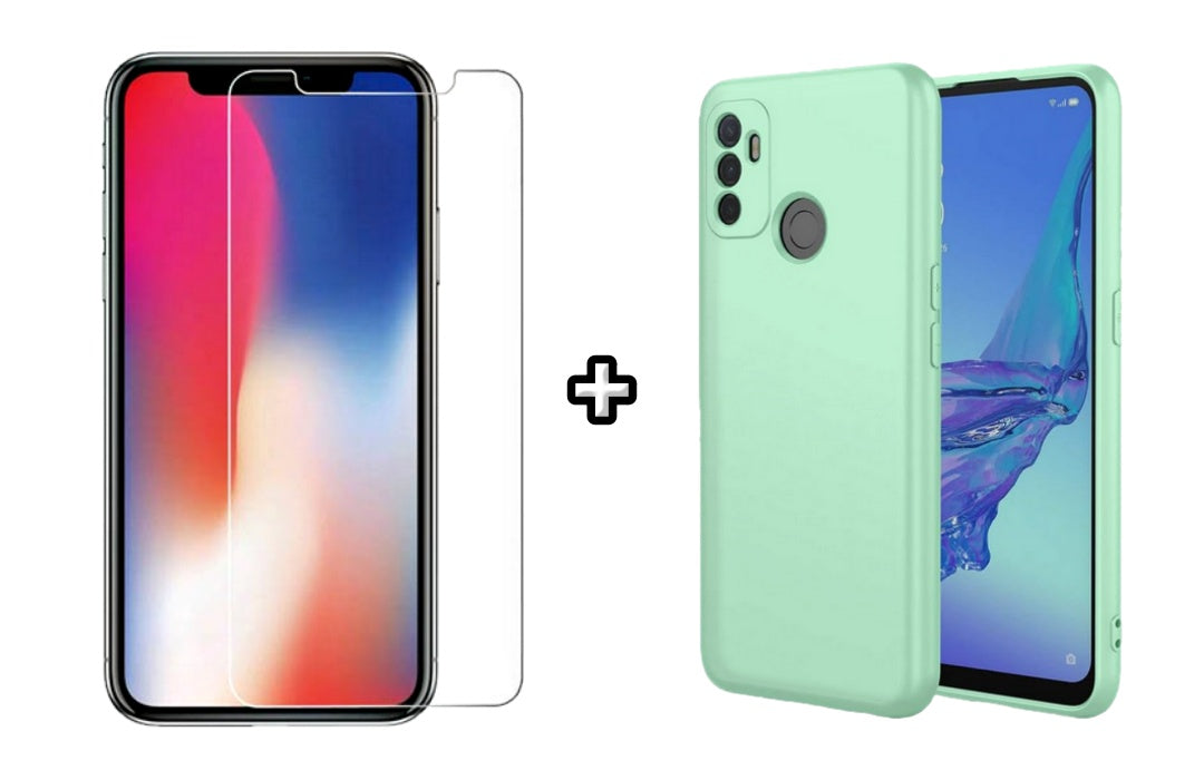 Set Husa Silicon plus Folie din sticla transparenta Case Friendly compatibila cu OPPO A53, menta, protectie 360