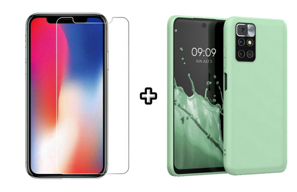 Set Husa Silicon plus Folie din sticla transparenta compatibila cu Xiaomi Redmi 10, menta, protectie 360