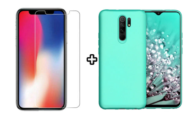 Set Husa Silicon plus Folie din sticla transparenta compatibila cu Xiaomi Redmi 9, menta, protectie 360