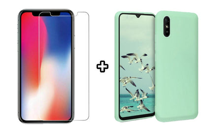Set Husa Silicon plus Folie din sticla transparenta compatibila cu Xiaomi Redmi 9A, menta, protectie 360