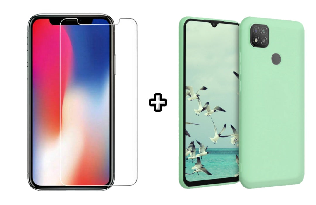 Set Husa Silicon plus Folie din sticla transparenta compatibila cu Xiaomi Redmi 9C, menta, protectie 360