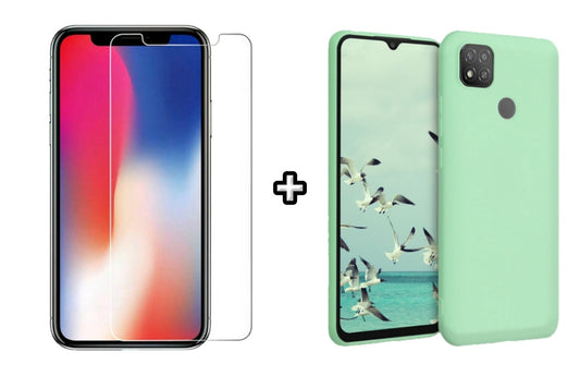 Set Husa Silicon plus Folie din sticla transparenta compatibila cu Xiaomi Redmi 9C, menta, protectie 360