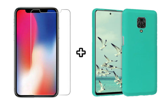 Set Husa Silicon plus Folie din sticla transparenta compatibila cu Xiaomi Redmi Note 9 Pro, menta, protectie 360