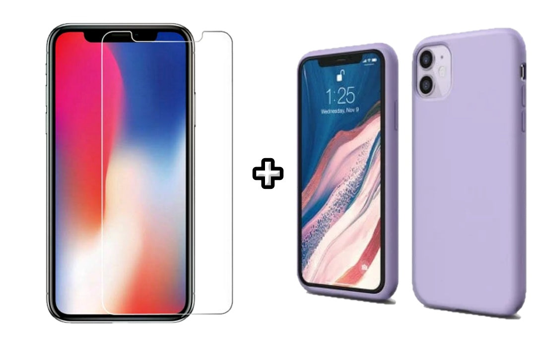 Set Husa Silicon + Folie din sticla transparenta Case Friendly compatibila cu Apple iPhone 12 Mini, mov, protectie 360