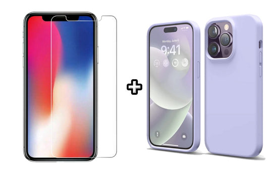 Set Husa Silicon + Folie din sticla transparenta Case Friendly compatibila cu Apple iPhone 15 Pro Max, mov, protectie 360