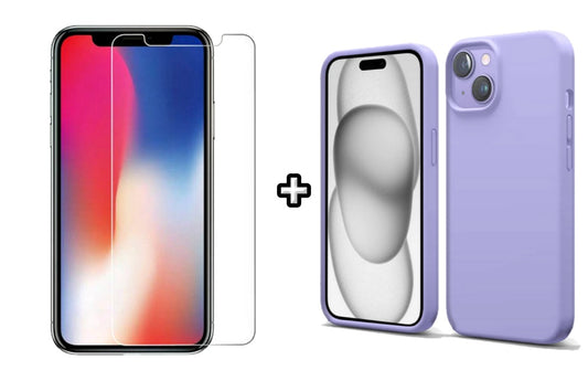 Set Husa Silicon + Folie din sticla transparenta Case Friendly compatibila cu Apple iPhone 15, mov, protectie 360