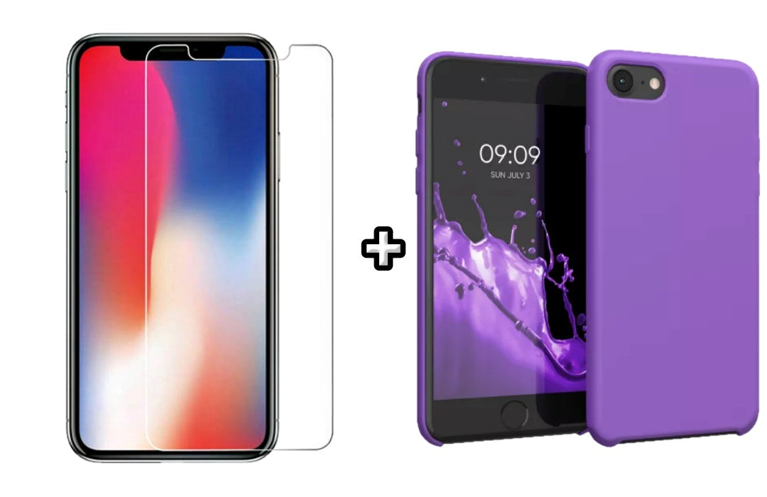 Set Husa Silicon + Folie din sticla transparenta Case Friendly compatibila cu Apple iPhone 7, mov, protectie 360