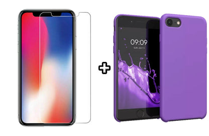 Set Husa Silicon + Folie din sticla transparenta Case Friendly compatibila cu Apple iPhone 7 Plus, mov, protectie 360