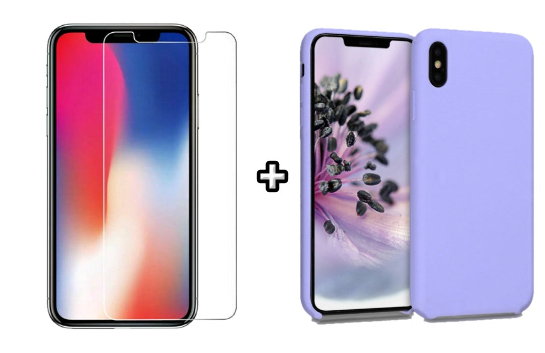 Set Husa Silicon + Folie din sticla transparenta Case Friendly compatibila cu Apple iPhone XS Max, mov, protectie 360