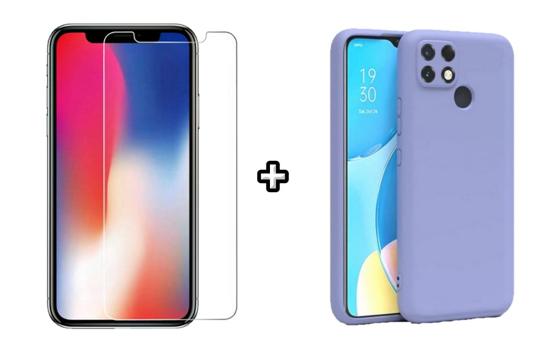 Set Husa Silicon plus Folie din sticla transparenta Case Friendly compatibila cu OPPO A15, mov, protectie 360
