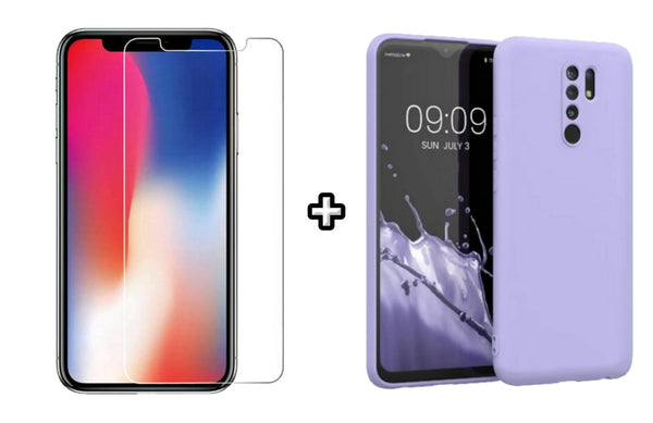 Set Husa Silicon plus Folie din sticla transparenta compatibila cu Xiaomi Redmi 9, mov, protectie 360