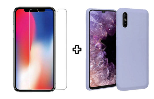 Set Husa Silicon plus Folie din sticla transparenta compatibila cu Xiaomi Redmi 9A, mov, protectie 360