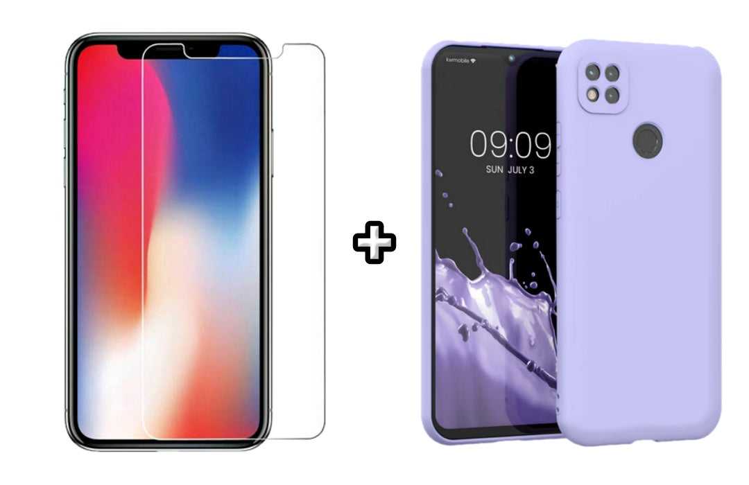 Set Husa Silicon plus Folie din sticla transparenta compatibila cu Xiaomi Redmi 9C, mov, protectie 360