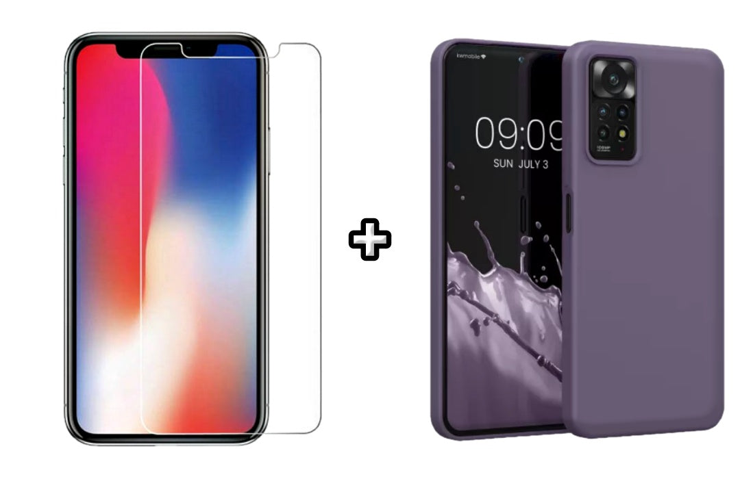 Set Husa Silicon plus Folie din sticla transparenta compatibila cu Xiaomi Redmi Note 11, mov, protectie 360