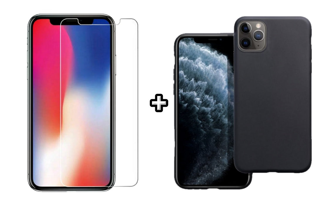 Set Husa Silicon + Folie din sticla transparenta Case Friendly compatibila cu Apple iPhone 11 Pro, neagra, protectie 360