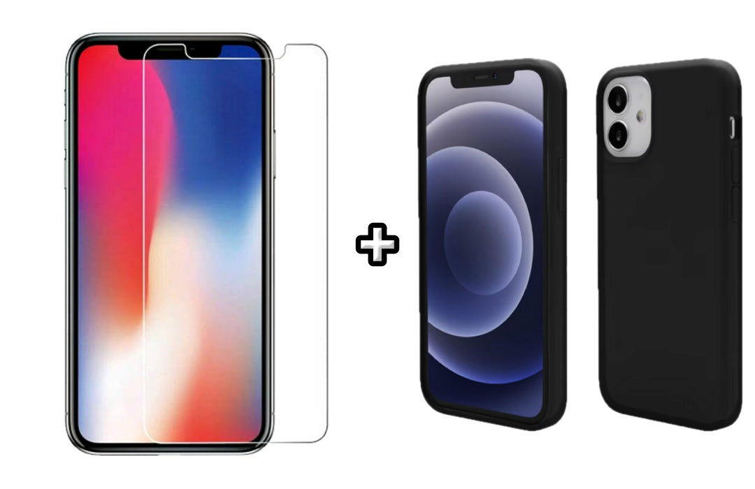 Set Husa Silicon + Folie din sticla transparenta Case Friendly compatibila cu Apple iPhone 12, neagra, protectie 360