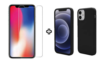 Set Husa Silicon + Folie din sticla transparenta Case Friendly compatibila cu Apple iPhone 12 Mini, neagra, protectie 360