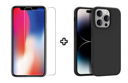Set Husa Silicon + Folie din sticla transparenta Case Friendly compatibila cu Apple iPhone 15 Pro Max, neagra, protectie 360