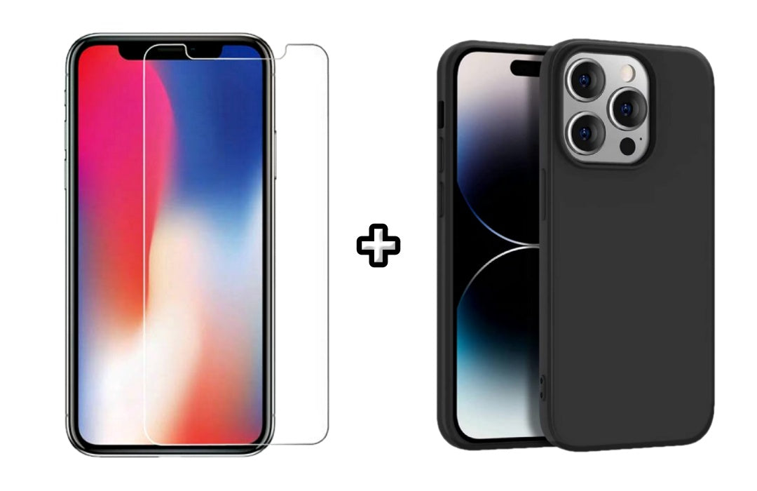 Set Husa Silicon + Folie din sticla transparenta Case Friendly compatibila cu Apple iPhone 15 Pro, neagra, protectie 360